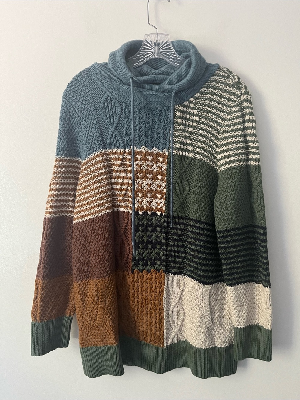 LL Bean Signature Patchwork Cable Knit Chunky Fisherman Funnel Neck Sweater L